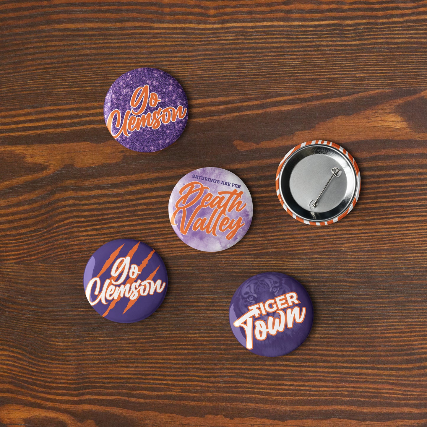 Set of Clemson game day pin buttons