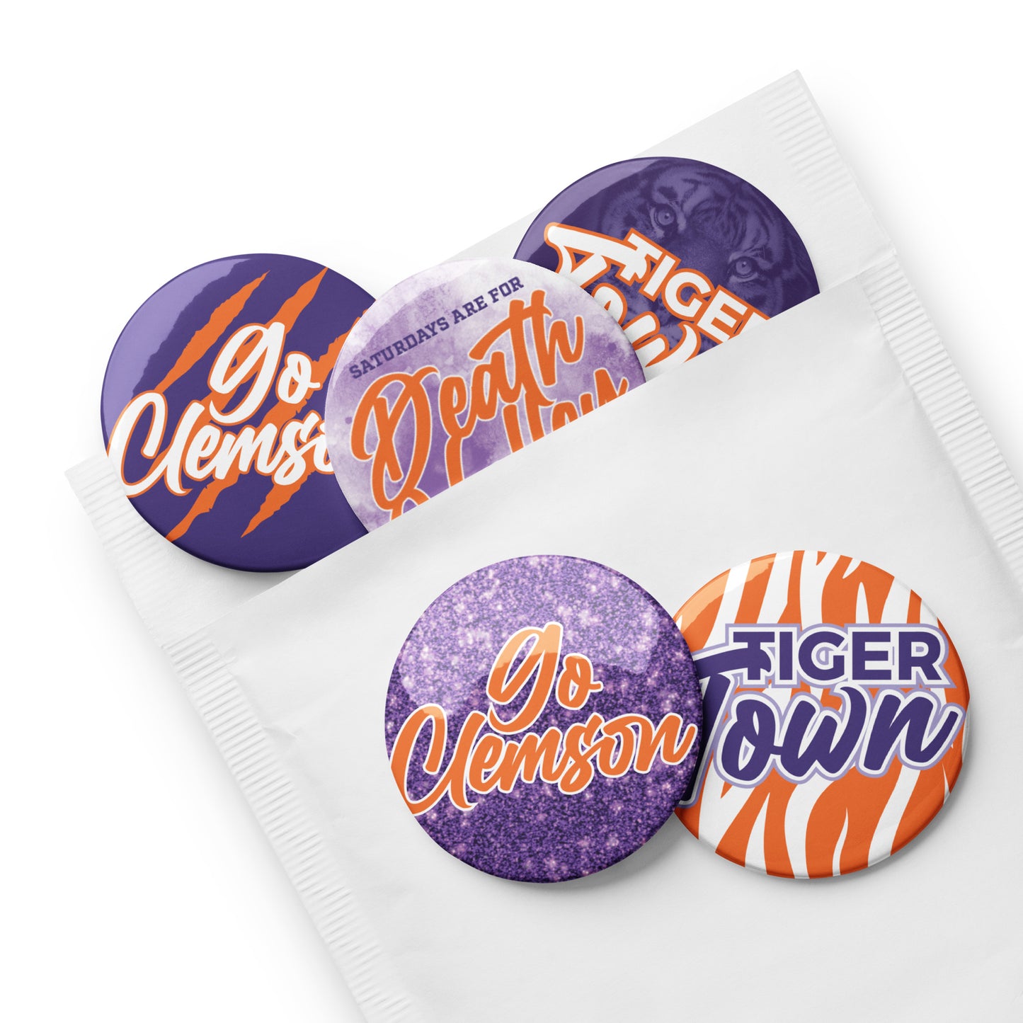 Set of Clemson game day pin buttons