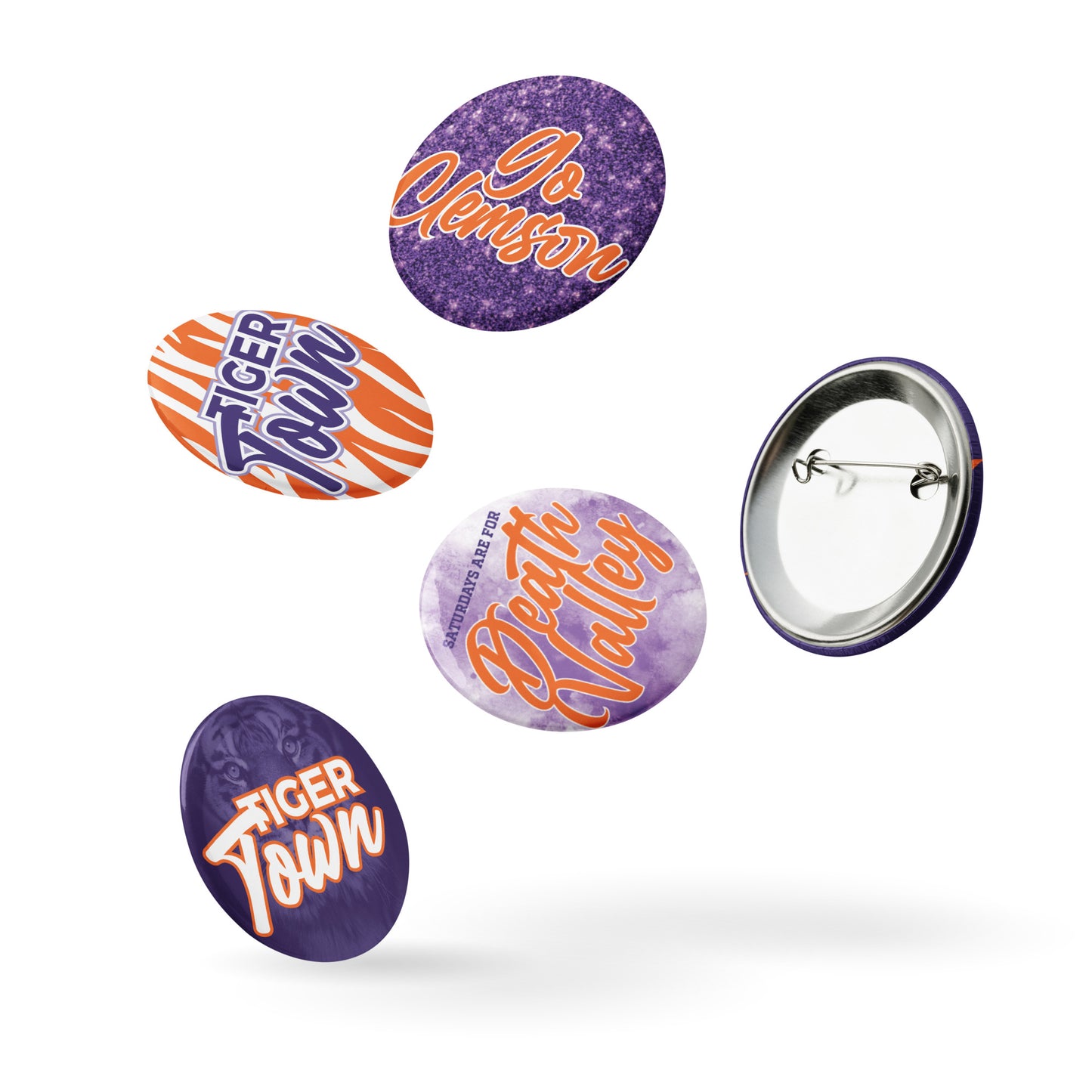 Set of Clemson game day pin buttons