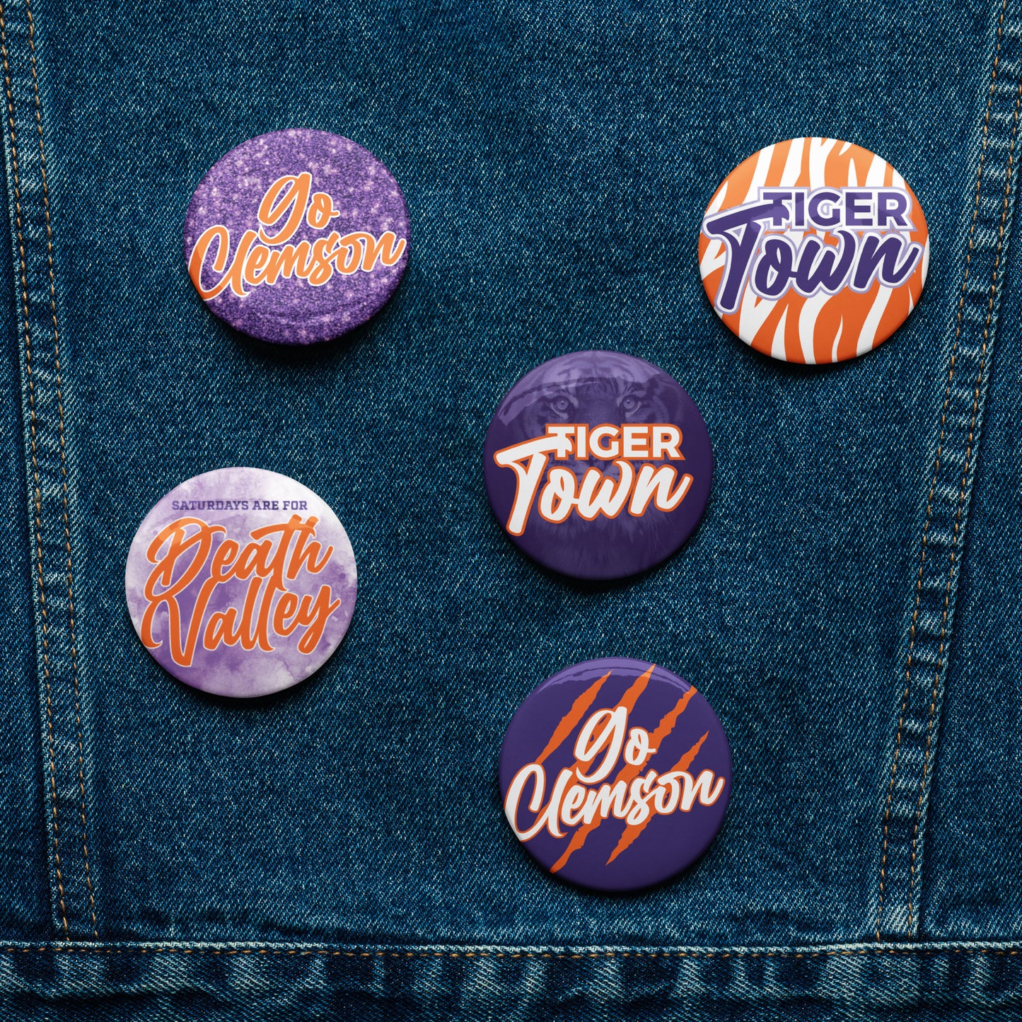 Set of Clemson game day pin buttons