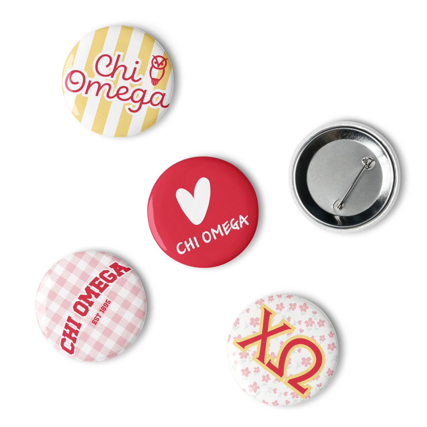 Chi Omega Button Set (5 Pack) | Chi O Sorority Pins | Bid Day Gift | Big Little Reveal | Game Day Accessories | Cute Sorority Merch