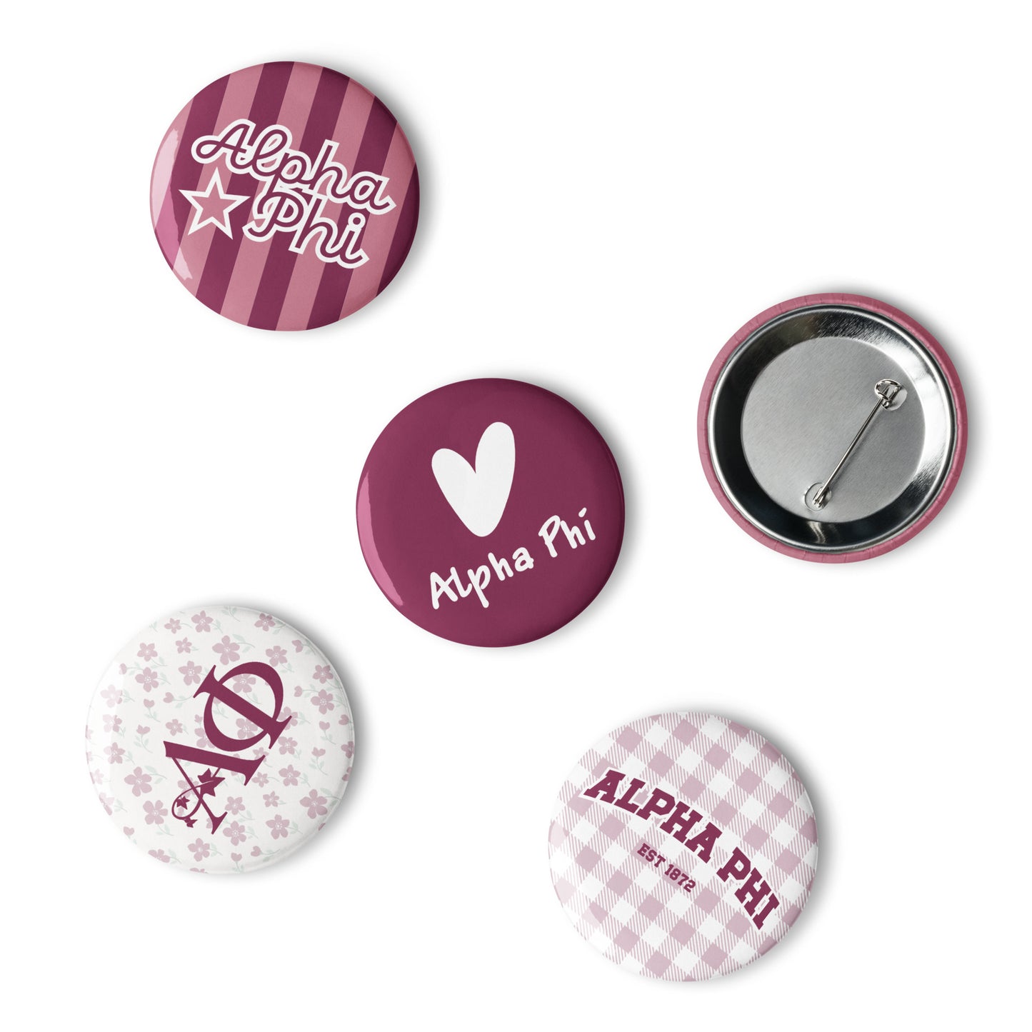 Alpha Phi Button Set (5 Pack) | Sorority Pins | Bid Day Gift | Big Little Reveal | Game Day Accessories | Cute Greek Life Merch