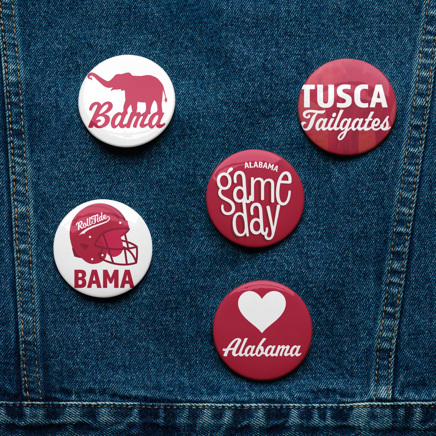 Set of 5 Alabama Game Day pin buttons
