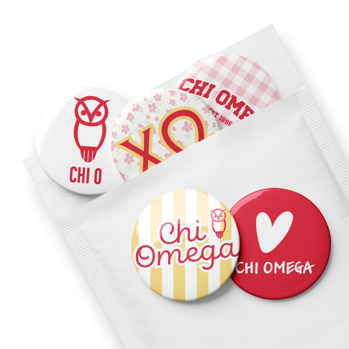 Chi Omega Button Set (5 Pack) | Chi O Sorority Pins | Bid Day Gift | Big Little Reveal | Game Day Accessories | Cute Sorority Merch