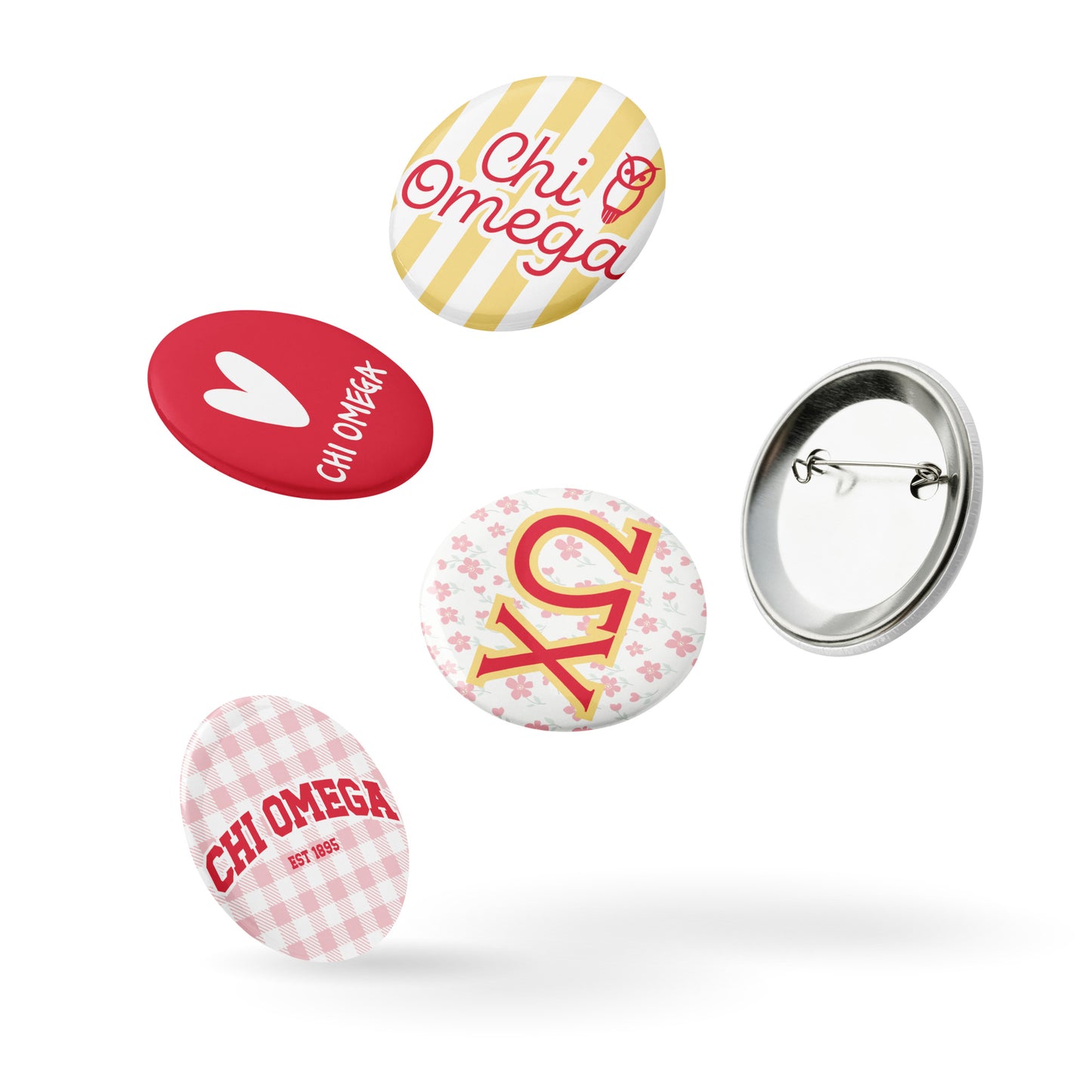 Chi Omega Button Set (5 Pack) | Chi O Sorority Pins | Bid Day Gift | Big Little Reveal | Game Day Accessories | Cute Sorority Merch