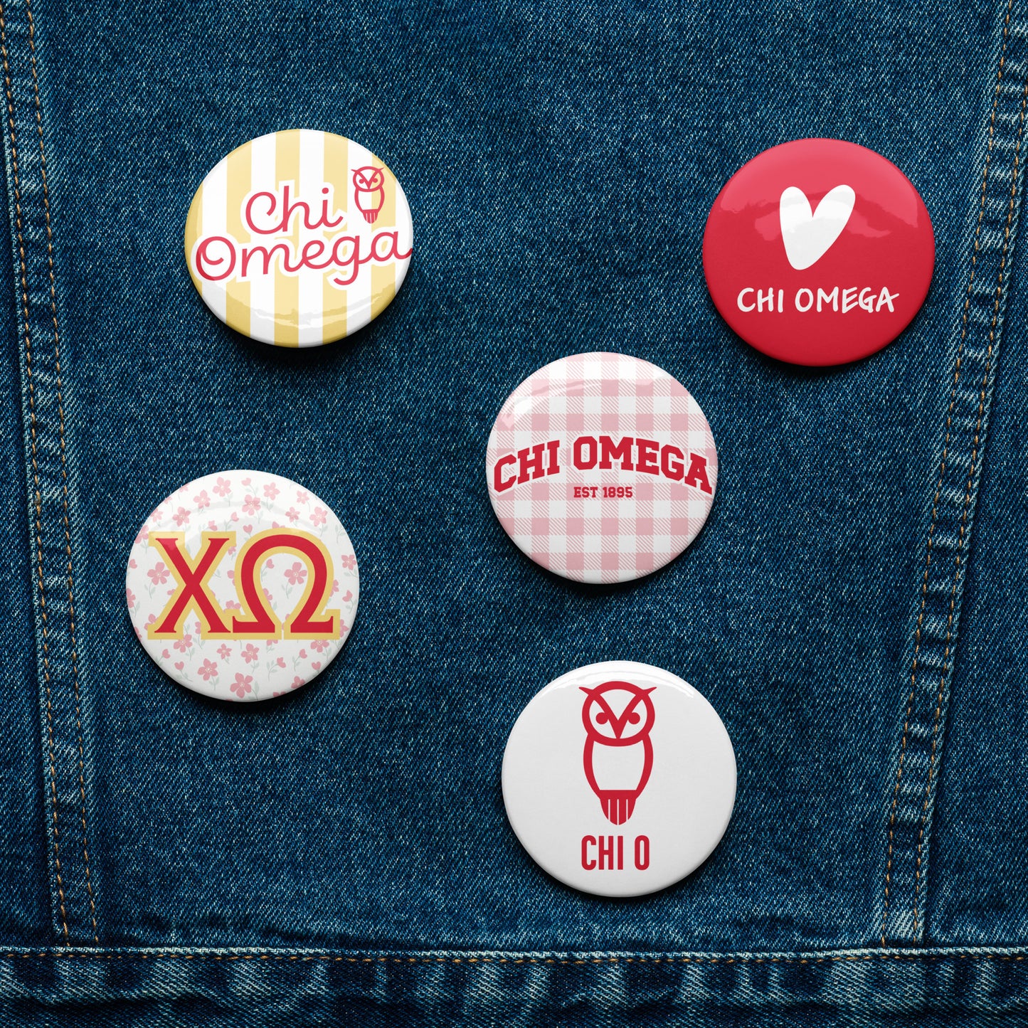 Chi Omega Button Set (5 Pack) | Chi O Sorority Pins | Bid Day Gift | Big Little Reveal | Game Day Accessories | Cute Sorority Merch