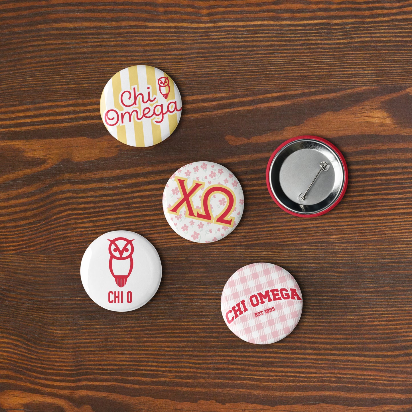 Chi Omega Button Set (5 Pack) | Chi O Sorority Pins | Bid Day Gift | Big Little Reveal | Game Day Accessories | Cute Sorority Merch