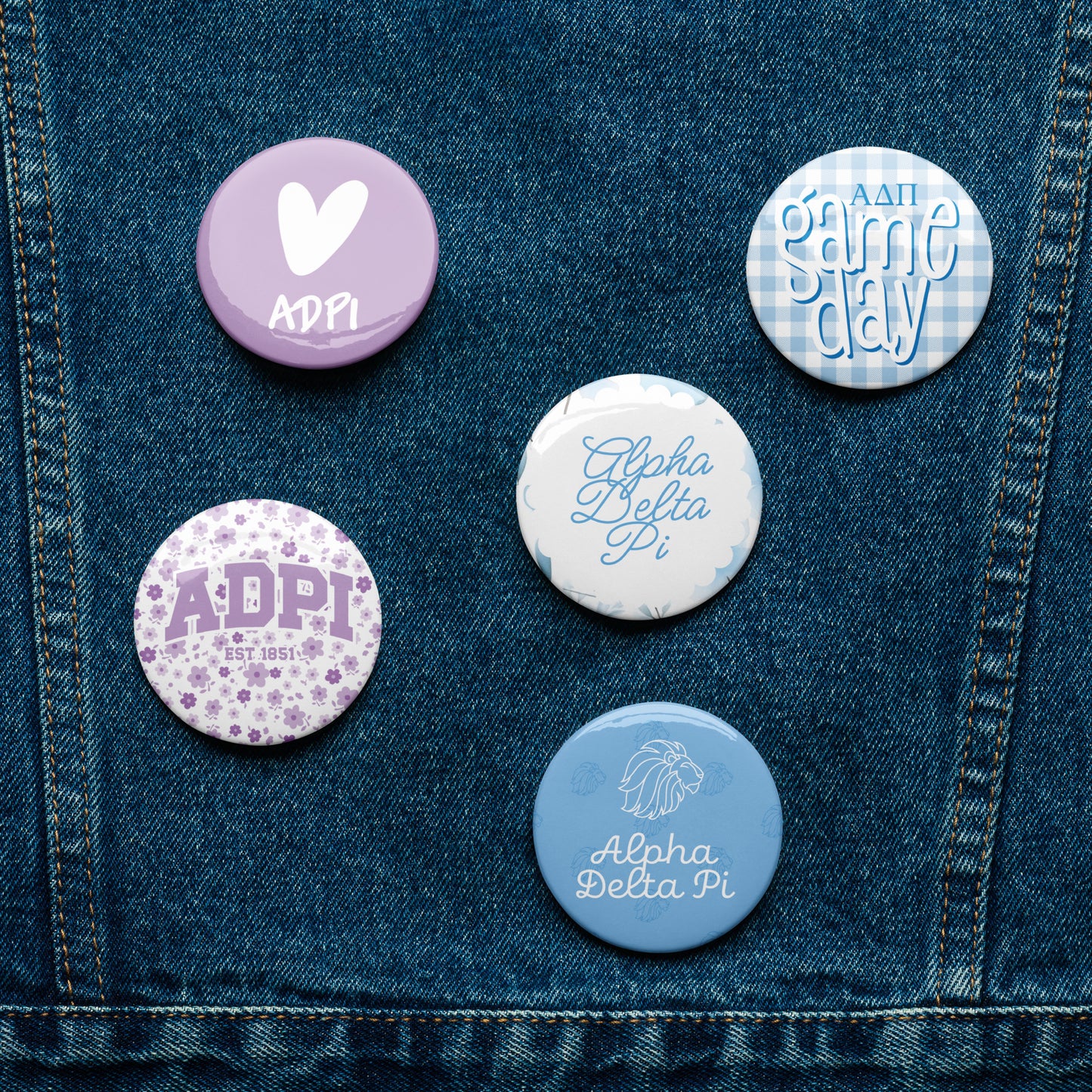 Alpha Delta Pi Button Set (5 Pack) | ADPi Sorority Pins | Bid Day Gift | Big Little Reveal | Game Day Accessories | Cute Sorority Merch