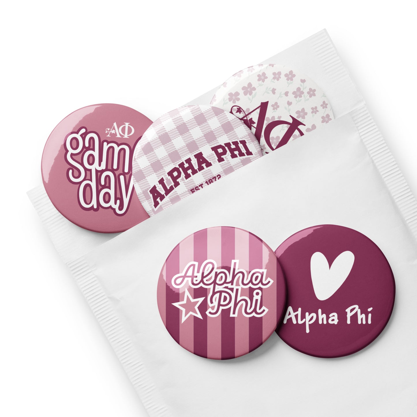 Alpha Phi Button Set (5 Pack) | Sorority Pins | Bid Day Gift | Big Little Reveal | Game Day Accessories | Cute Greek Life Merch