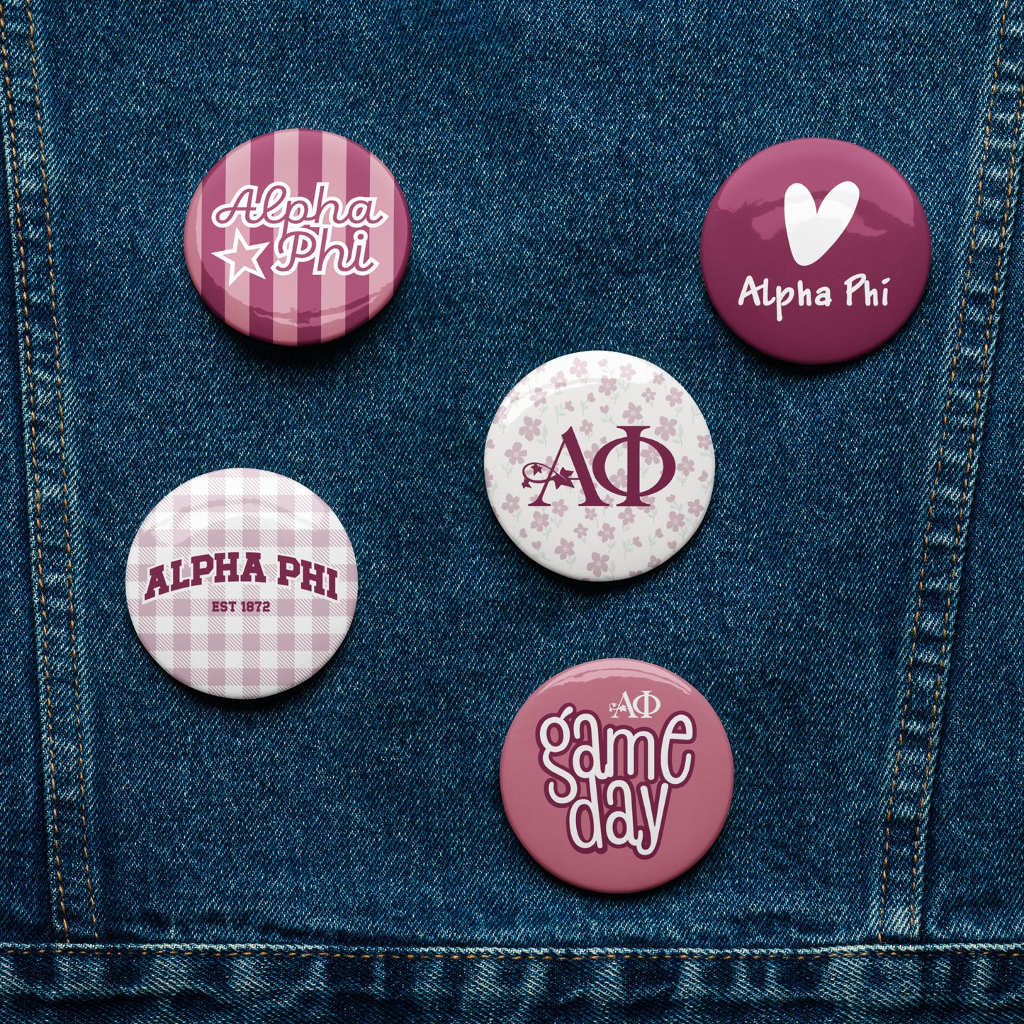 Alpha Phi Button Set (5 Pack) | Sorority Pins | Bid Day Gift | Big Little Reveal | Game Day Accessories | Cute Greek Life Merch