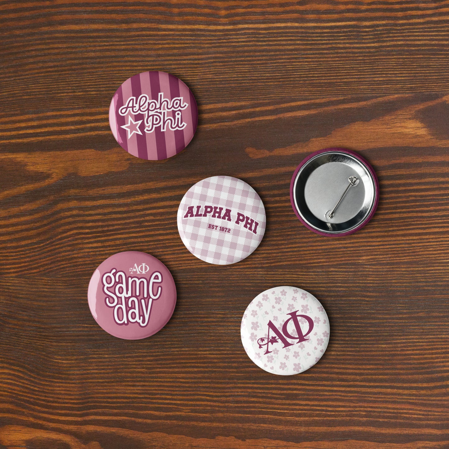 Alpha Phi Button Set (5 Pack) | Sorority Pins | Bid Day Gift | Big Little Reveal | Game Day Accessories | Cute Greek Life Merch